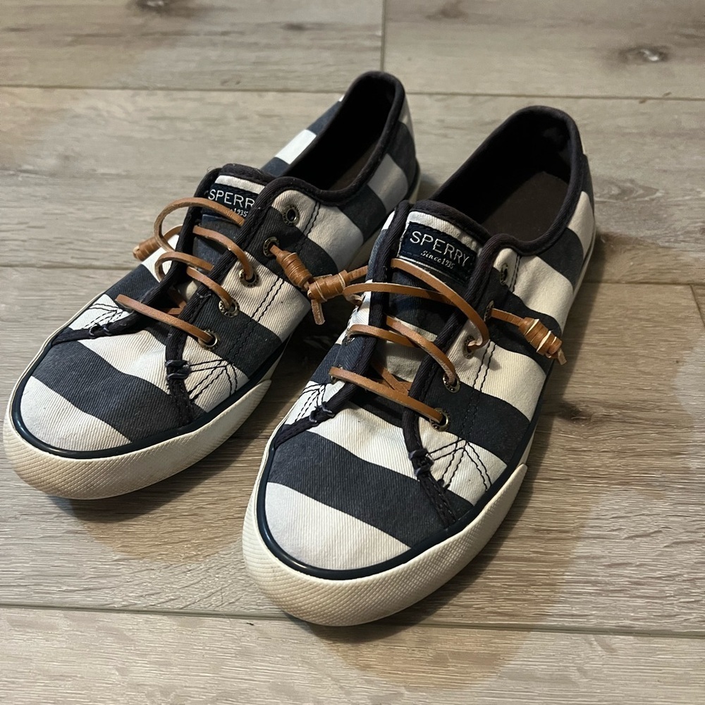 Sperry Striped Canvas Deck Sneakers - Navy & White